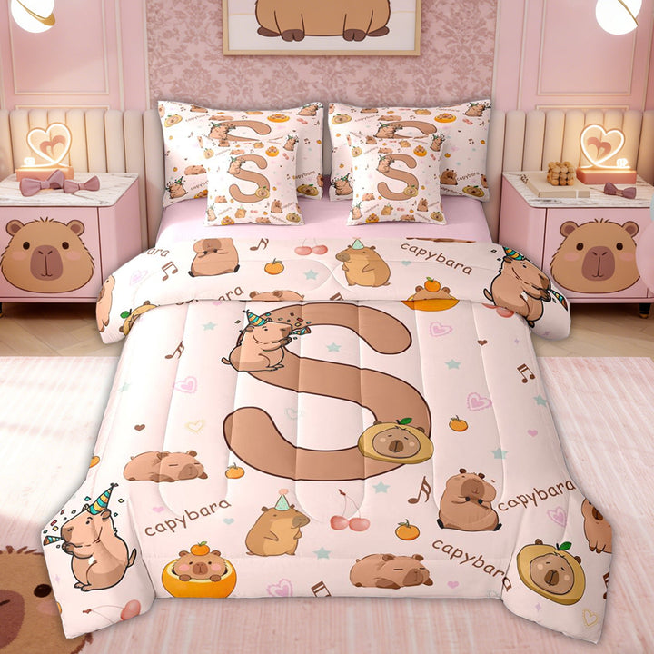 Erosebridal Capybara Family for Kids Twin Bedding Sets, Cute S Letter Bedding Comforter Set, Pink Reversible, 7 Pieces