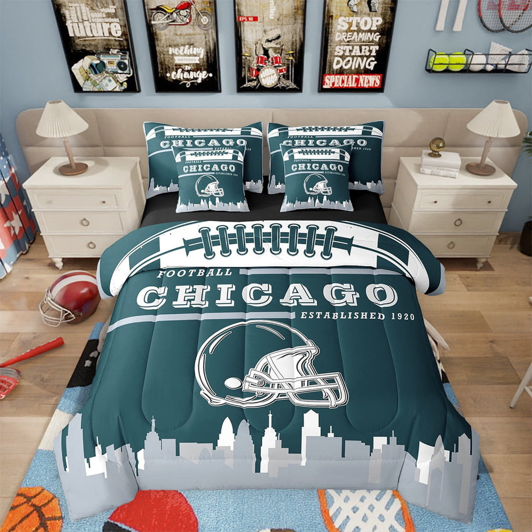 Football Bed in a Bag Full 7 Piece,Sports Bedding Sets,American Football Fans Bed Set Rugby Player Green Gray Comforter Set with Sheets Football Lovers Sheets (Chicago)