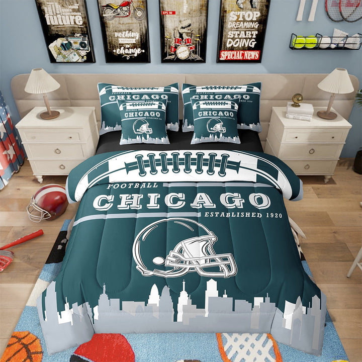 Football Bed in a Bag Full 7 Piece,Sports Bedding Sets,American Football Fans Bed Set Rugby Player Green Gray Comforter Set with Sheets Football Lovers Sheets (Chicago)