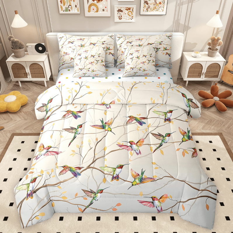 Erosebridal Hummingbird Bedding Sets Twin Size, Botanical Leaves Comforter Sets with Sheets, Lightweight