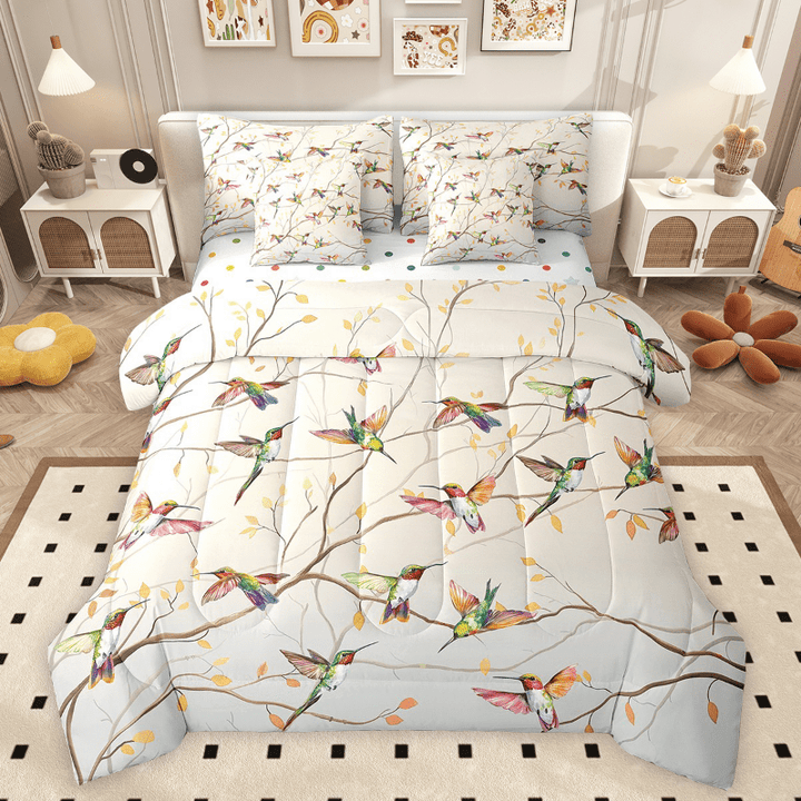 Erosebridal Hummingbird Bedding Sets Twin Size, Botanical Leaves Comforter Sets with Sheets, Lightweight