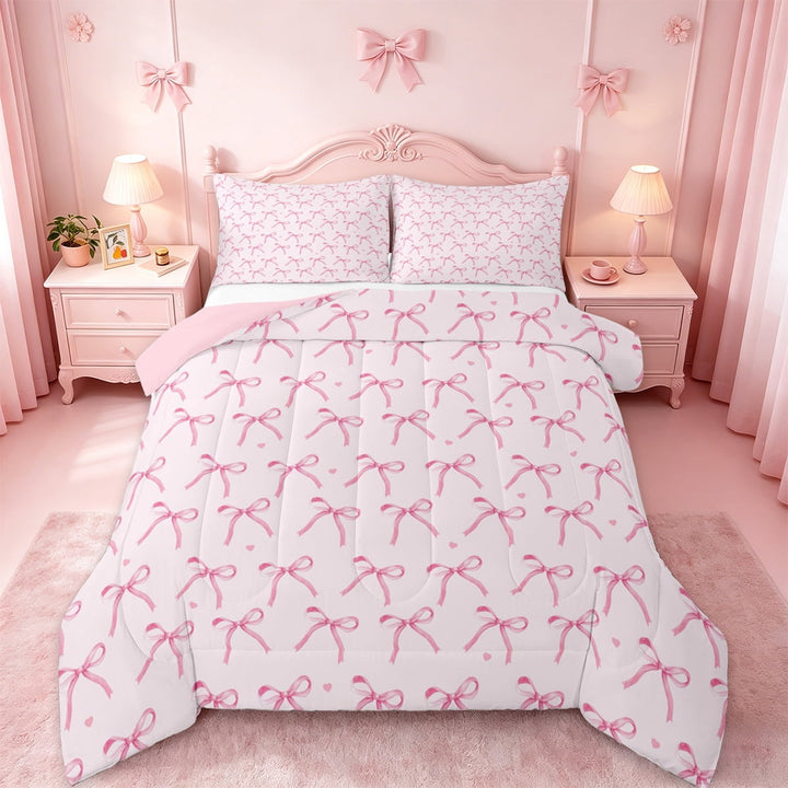 Manfei Cartoon Bow Tie Bedding Comforter Set,Girl Heart Print Twin Comforter Sets,Princess Pink Bow Bedding Set For Teens,Luxury Bedroom Decor Reversible,2-Piece