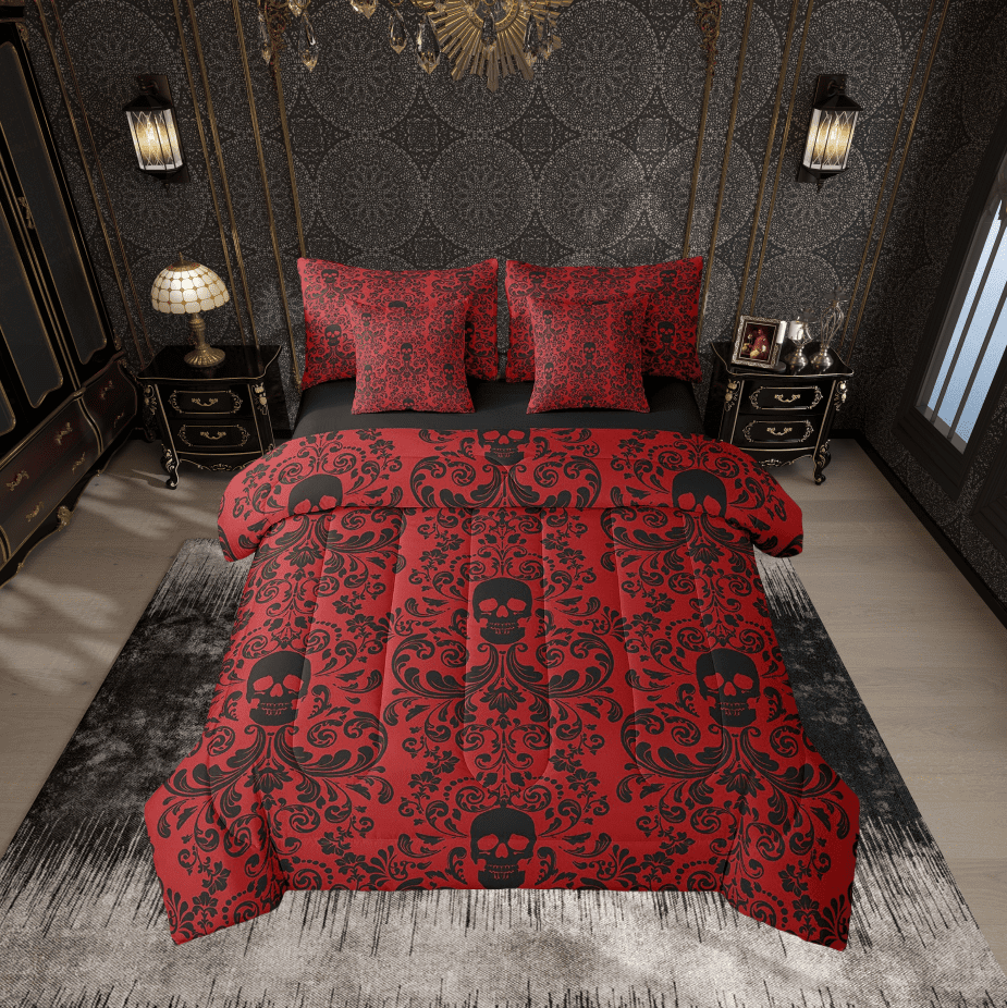 Damask Gothic Bedding Set Adults Antique Victorian Bed in a Bag Queen Comforter Set 7 Piece,Red Black Sugar Skull Sheet Set Vintage Baroque Floral Goth Bed Set,Bone Skeleton Bohemian Decor