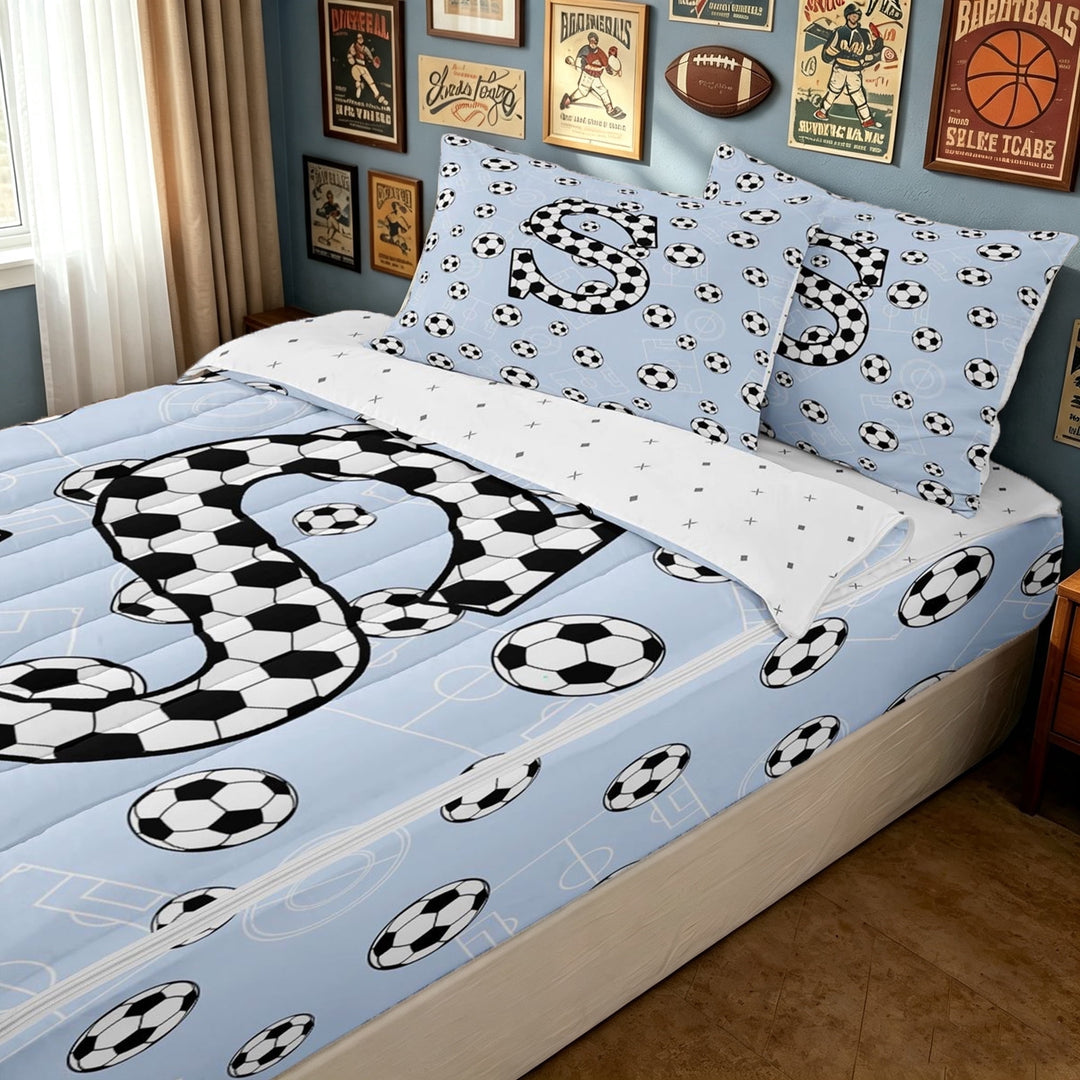 meiyoeat Sport Soccer Letter S Zipper Full Size Comforter Sets with Fitted Sheet and 2 Pillowcases for Boys, Blue Cartoon Ball Theme Zipper Bedding Set, Reversible, 4-Piece