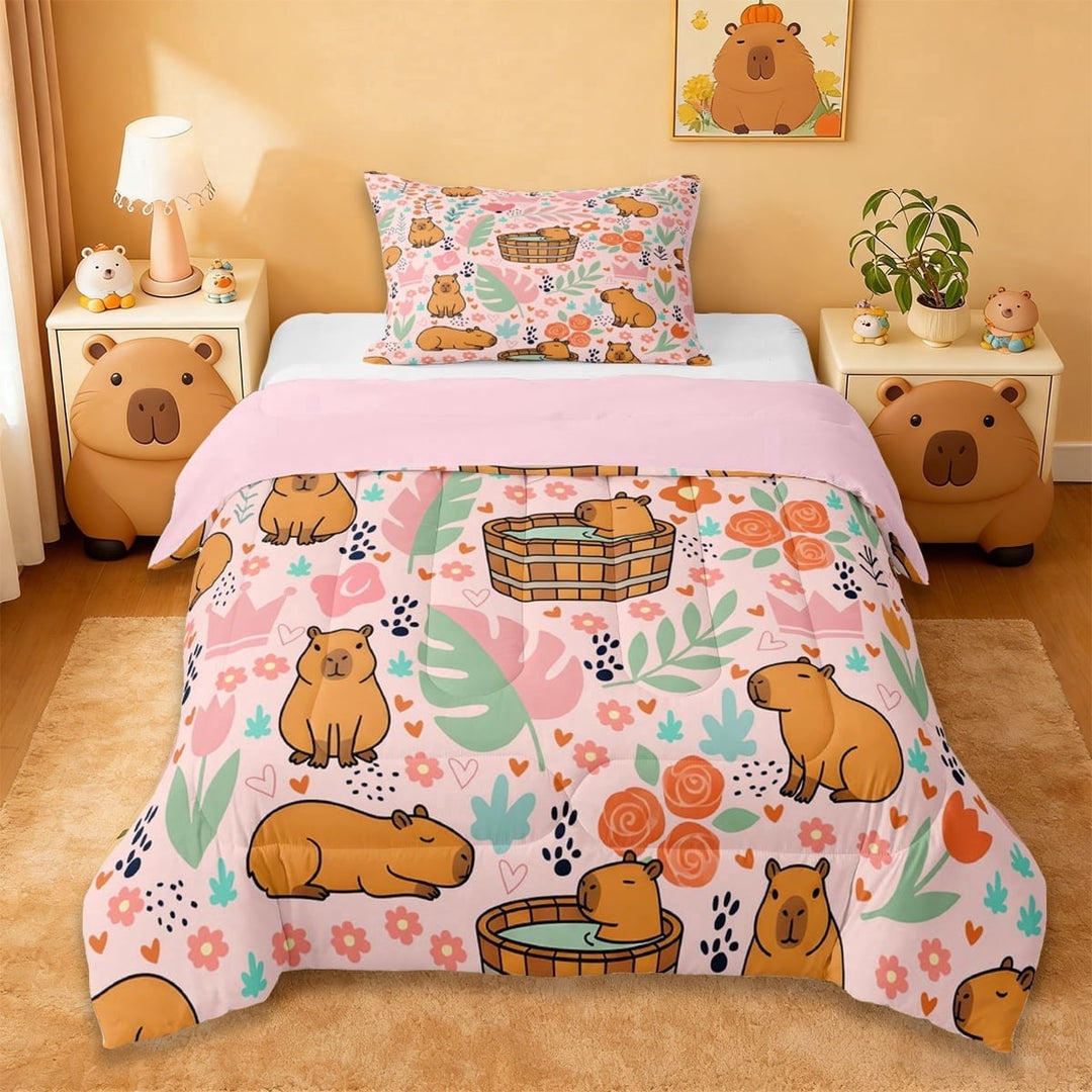 Erosebridal Cartoon Monstera Leaf Twin Comforter Sets,Brown Capybara Animal Rustic Flowers Bedding Set For Kids Girls ,Reversible Pink 2pcs
