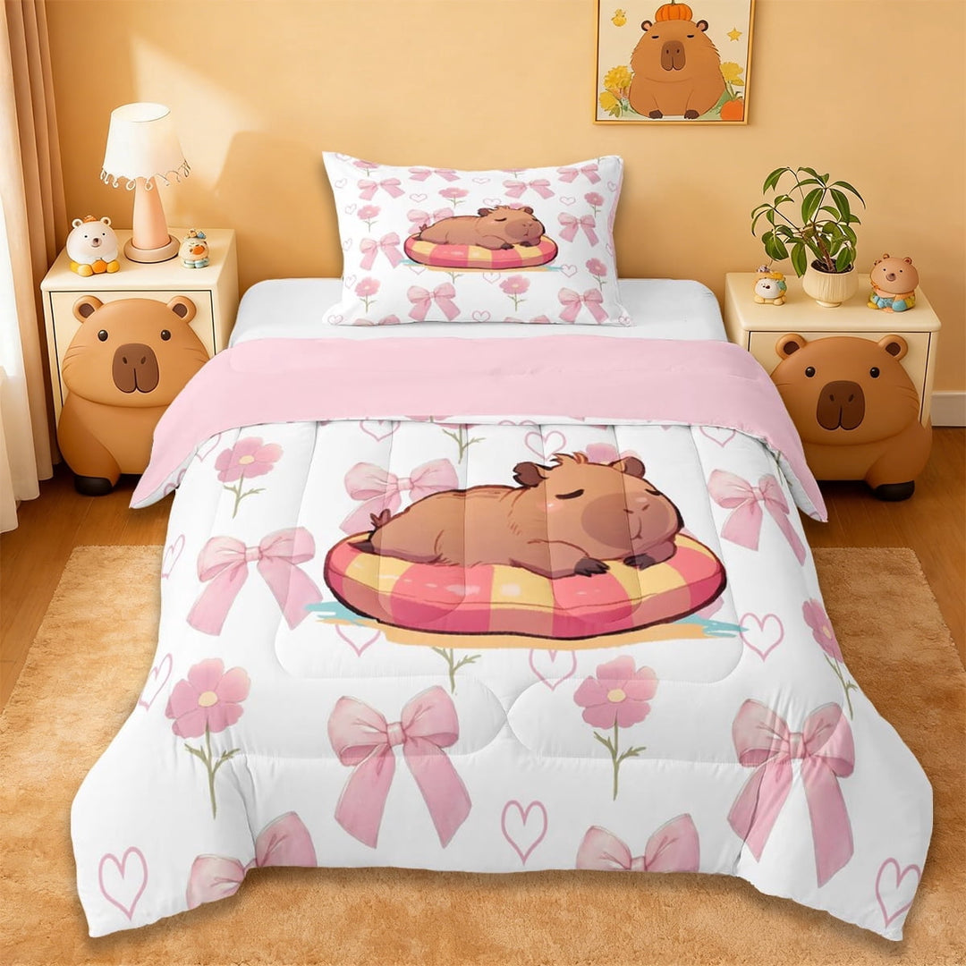 Erosebridal Cartoon Capybara Twin Comforter Sets For Cute Animals Lover,Pink Bows Cartoon Bowtie Bedding Set For Kids ,Reversible Pink 2pcs