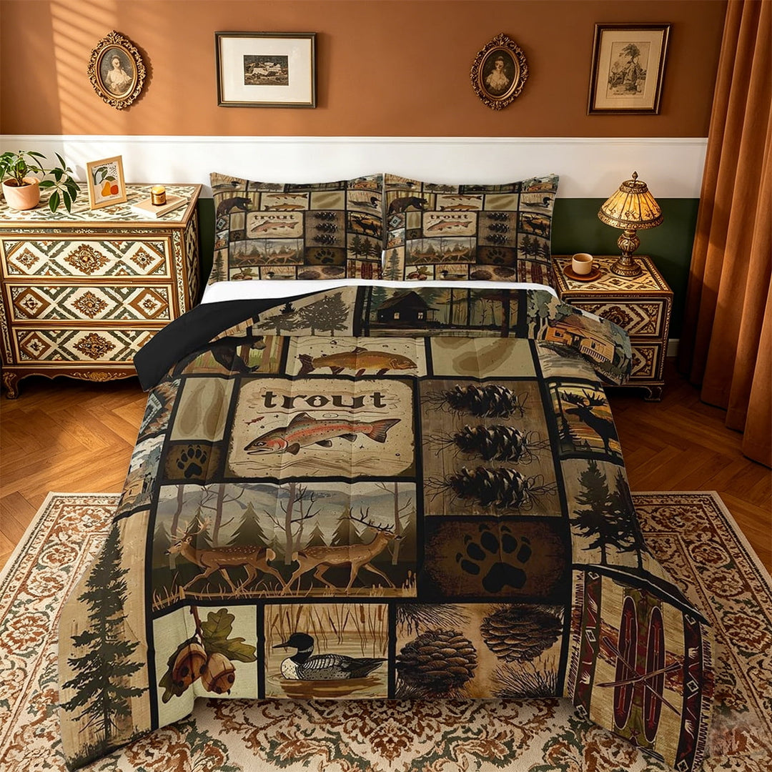 Manfei Wild Animal Wildlife Hunting Full Size Comforter Sets, Deer Elk Fish Duck Hunting Wooden Board Farmhouse Bedding Sets Reversible 3 Pieces