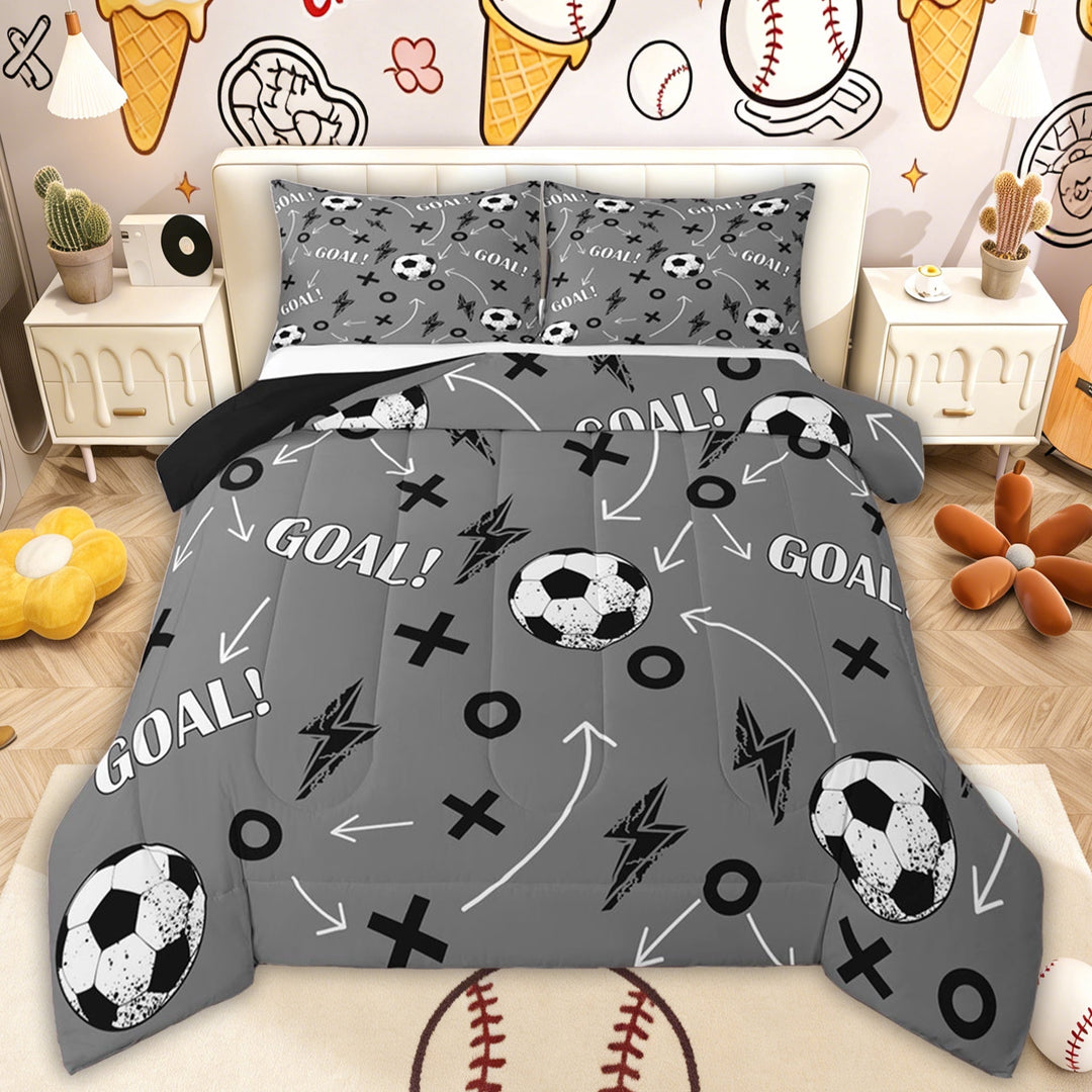 Erosebridal Soccer GOAL Queen Comforter Set, Gray Stripes Bedding Comforter Set for Boys and Girls, 3 Pieces