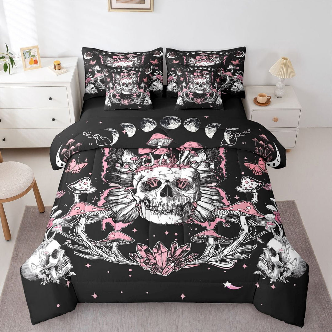 Gothic Skull Bed in a Bag Hippie Butterfly Bedding Full Size 7pcs , Hippie Mushroom Comforter Set Black White Pink Bedding Comforter Sets, Horror Death Skeleton Bedding Accessories Breathable