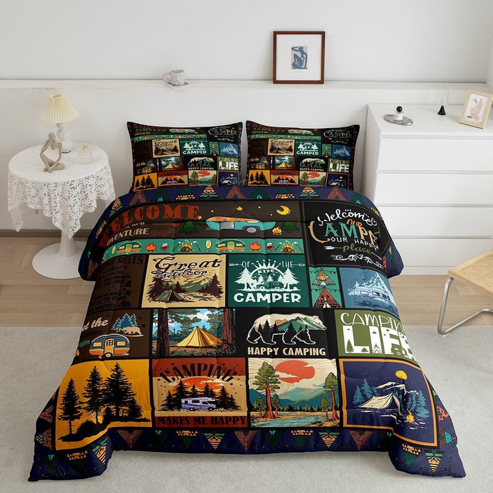 Erosebridal Camper Queen Comforter Set Happy Camping Bedding Set for Camper Gifts,RV Bedding Sets Room Decor,Rustic Country Style Patchwork Camping Quilt Bed Set 3Pcs
