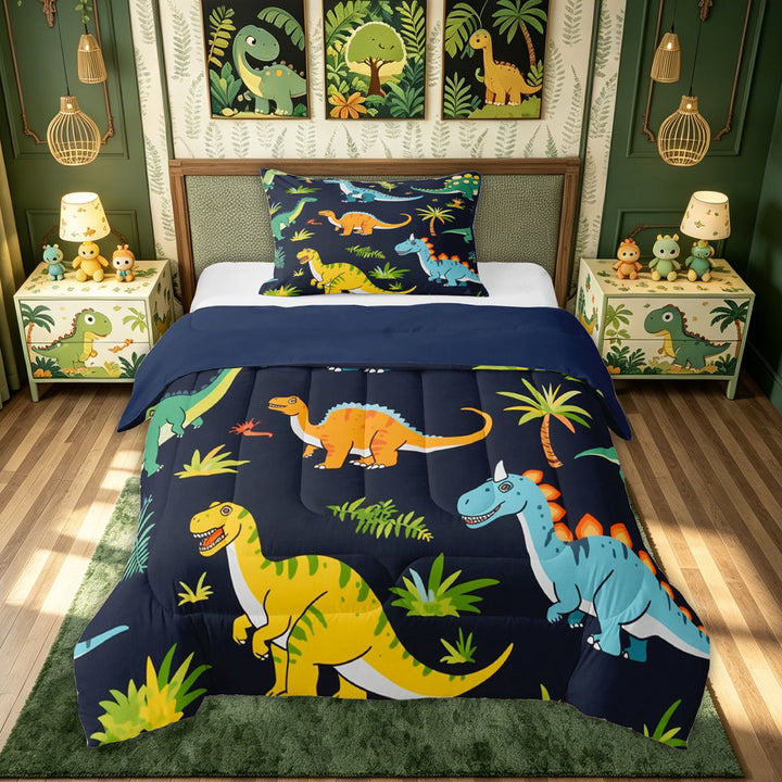 meiyoeat Kawaii Forest Dino Full Size Comforter Sets for Kids, Woodland T-rex Wildlife Bedding Comforter Set, Navy, Blue Reversible, 3pcs, 1 Comforter and 2 Pillowcases