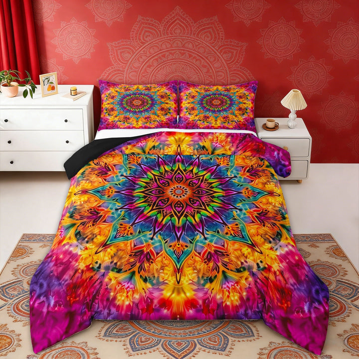 Erosebridal Boho Mandala Queen Comforter Set, Bohemian Tie Dye Bedding Comforter Set, Orange Teal, Black Reversible 3-Piece, 1 Comforter and 2 Pillowcases