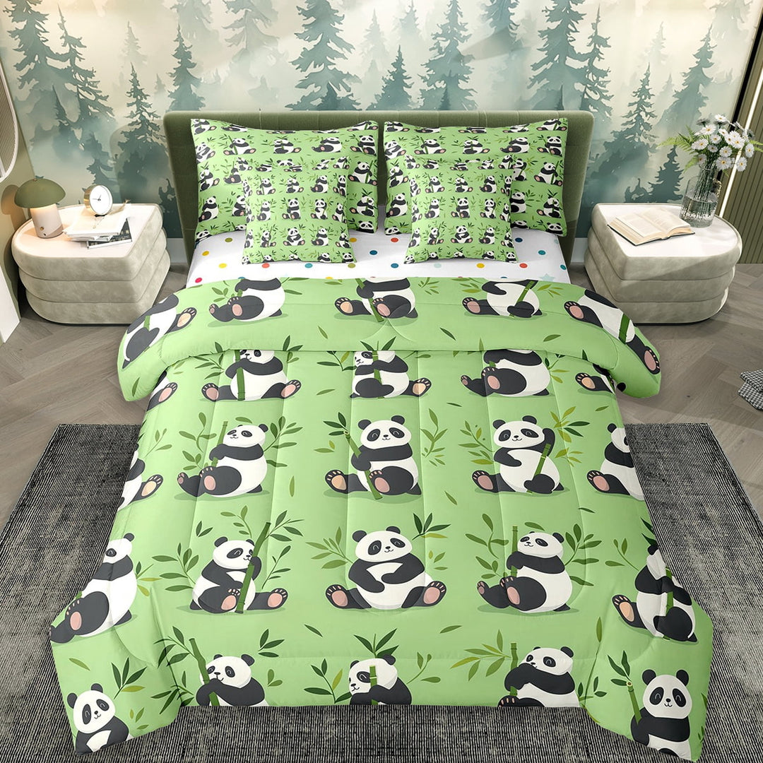 Erosebridal Kawaii Panda Bed in a Bag Twin Size,Zoo Animal Theme Bed Set,Green Leaves Bedding Twin Size For Boys Kids,Super Cozy Bedroom Decoration Reversible,7 Pieces