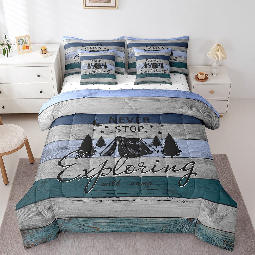 7Pcs Bedding Set Queen Size, Camper Exploring Bed-in-a-Bag with Flat Sheet and Fitted Sheet and Adults, Retro Vintage Comforter Set with Pillowcases &amp; Throw Pillow Covers
