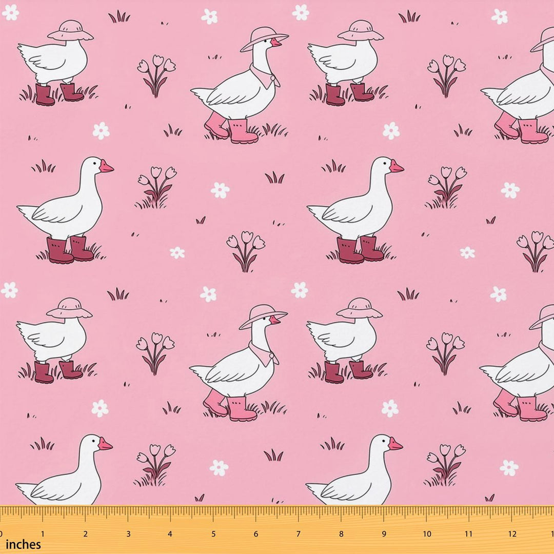 Manfei Cartoon Goose Fabric by the Yard 1 Yard, Kawaii Animal Home Decor Fabric by the Yard, Light Pink