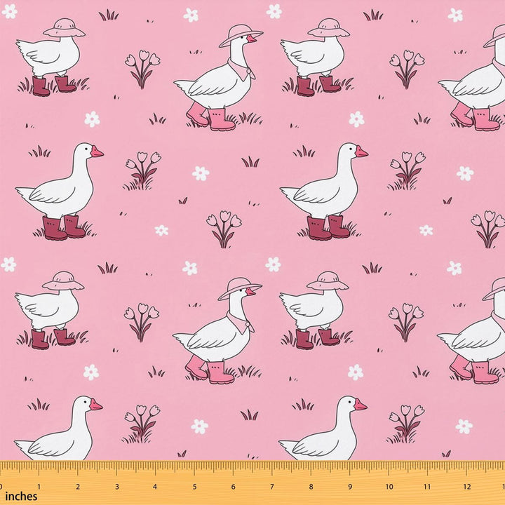 Manfei Cartoon Goose Fabric by the Yard 1 Yard, Kawaii Animal Home Decor Fabric by the Yard, Light Pink