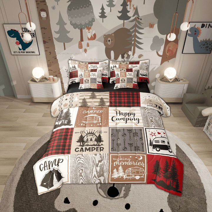 Rv Short Full Comforter For Camper Happy Camping Bunk Bed In A Bag 7 Piece Camper Accessories Bedding For Travel Trailers,Patchwork Buffalo Plaid Pine Tree Arrow Bed Set Red Brown