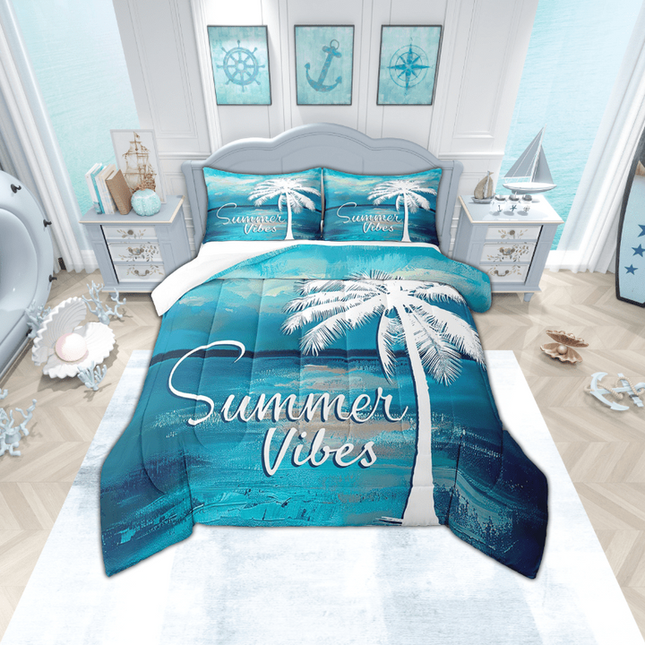 Hawaii Beach Comforter Set Tropical Palm Tree King Bedding Comforter Sets,Blue Ocean Quilt Summer Sea Duvet Insert,The Lake House Farmhouse Decor