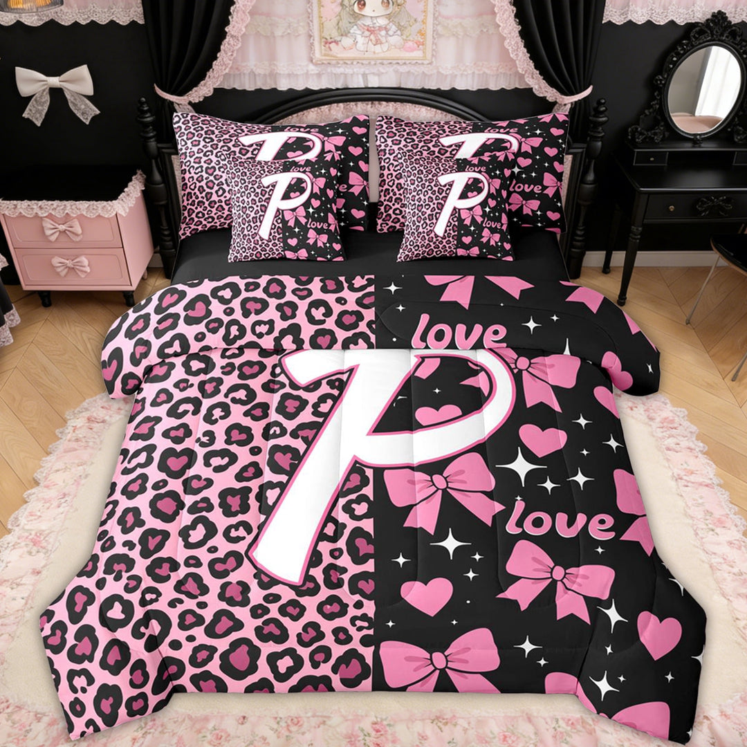 Erosebridal Leopard Print Bow Letter P Bedding Comforter Set for Girls, Pink Initial Ribbon Full Bedding Set, Black Reversible, 7pcs