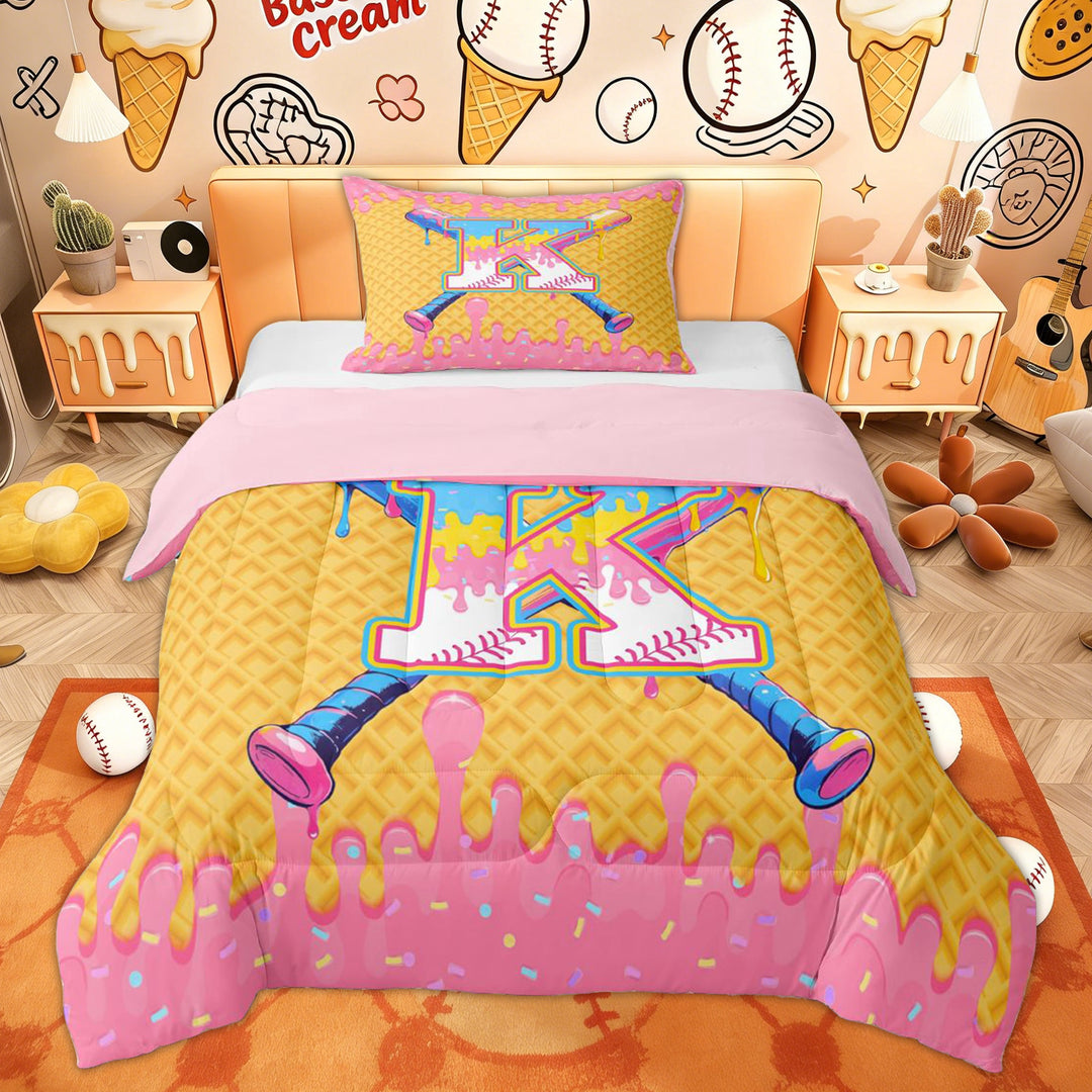 Erosebridal Kid Baseball Letter K Twin Comforter Sets, Kawaii Ice Cream Drip Bedding Set, 2 Pieces