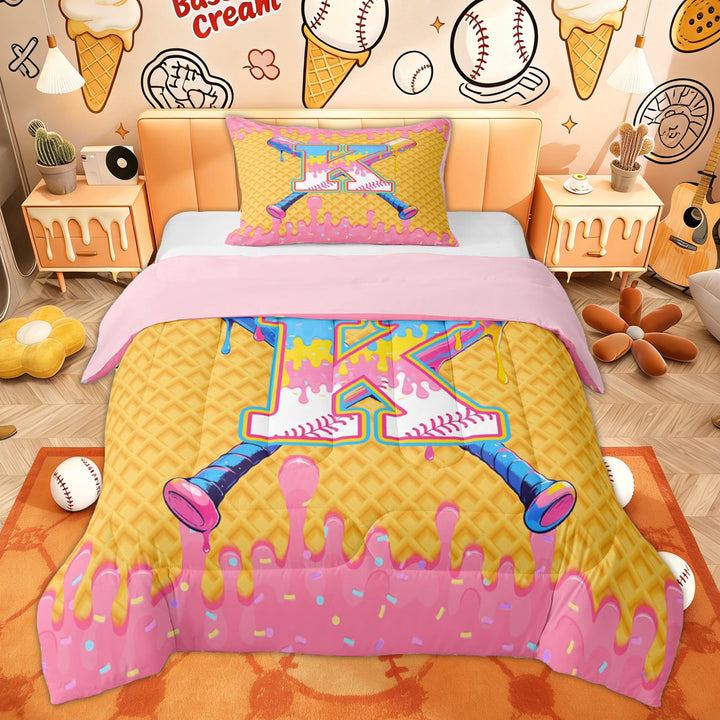 Erosebridal Kid Baseball Letter K Twin Comforter Sets, Kawaii Ice Cream Drip Bedding Set, 2 Pieces