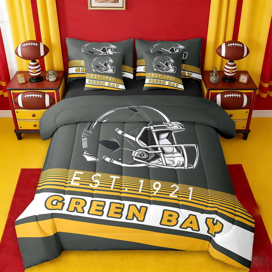 Erosebridal American Football Helmet Bedding Twin Size,Green Bay City Comforter Sets with Sheets,Sports Theme Bedding Sets Twin Size,Luxury Living Room Decor Reversible,7pcs