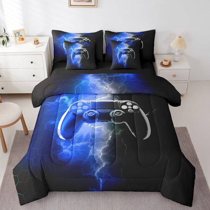 Erosebridal Gradient Gamer Bedding Sets Twin Size,Abstract Lightning Comforter Sets with Sheets,Geometric Hexagon Bed in a Bag Twin size,Breathable Gamepads Room Decorative,Reversible,7pcs