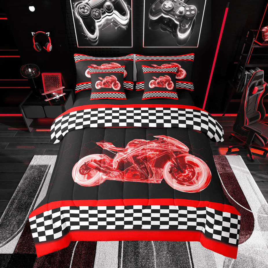 Erosebridal Dirt Bike Sports Bed in a Bag Twin size, Red Bed Set, Motorcycle Sport Decor, Reversible 7 Pieces
