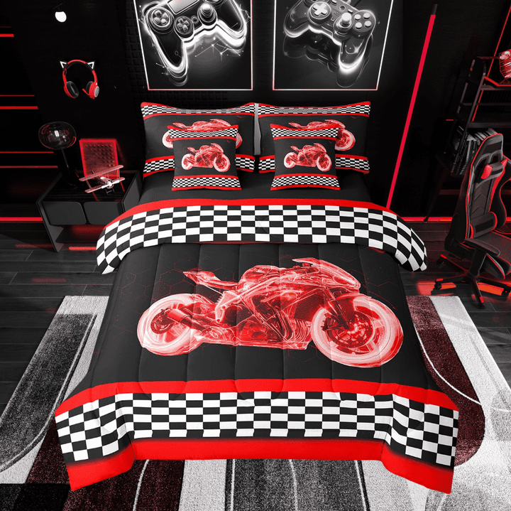 Erosebridal Dirt Bike Sports Bed in a Bag Twin size, Red Bed Set, Motorcycle Sport Decor, Reversible 7 Pieces