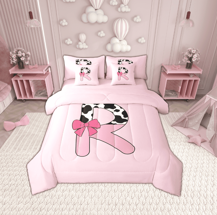 Erosebridal Letter Initial R Bedding Sets Twin Size,Kawaii Bow Comforter Sets with Sheets,Breathable Reversible Bed in a Bag Twin size,Cow Print Decor,7pcs