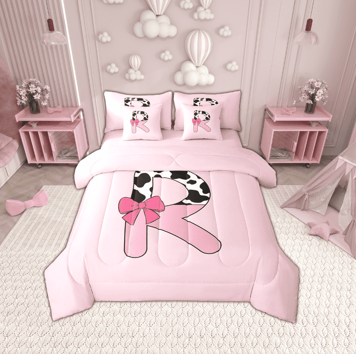 Erosebridal Letter Initial R Bedding Sets Twin Size,Kawaii Bow Comforter Sets with Sheets,Breathable Reversible Bed in a Bag Twin size,Cow Print Decor,7pcs