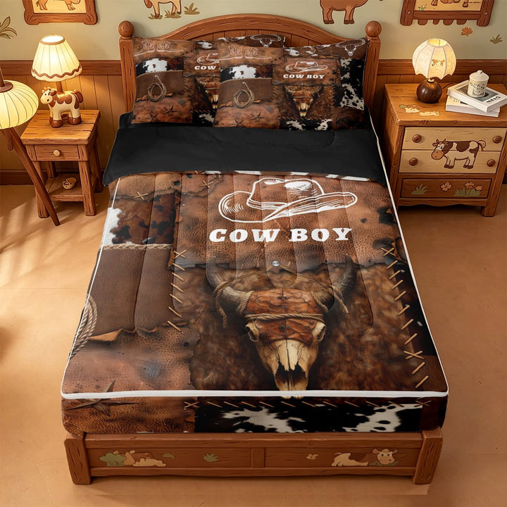 meiyoeat Brown Western Cowboy Zipper Twin Comforter Sets with Fitted Sheet and 2 Pillowcases For Boys,Rustic Cow Print Zipper Bedding Set,Reversible,4 Pieces