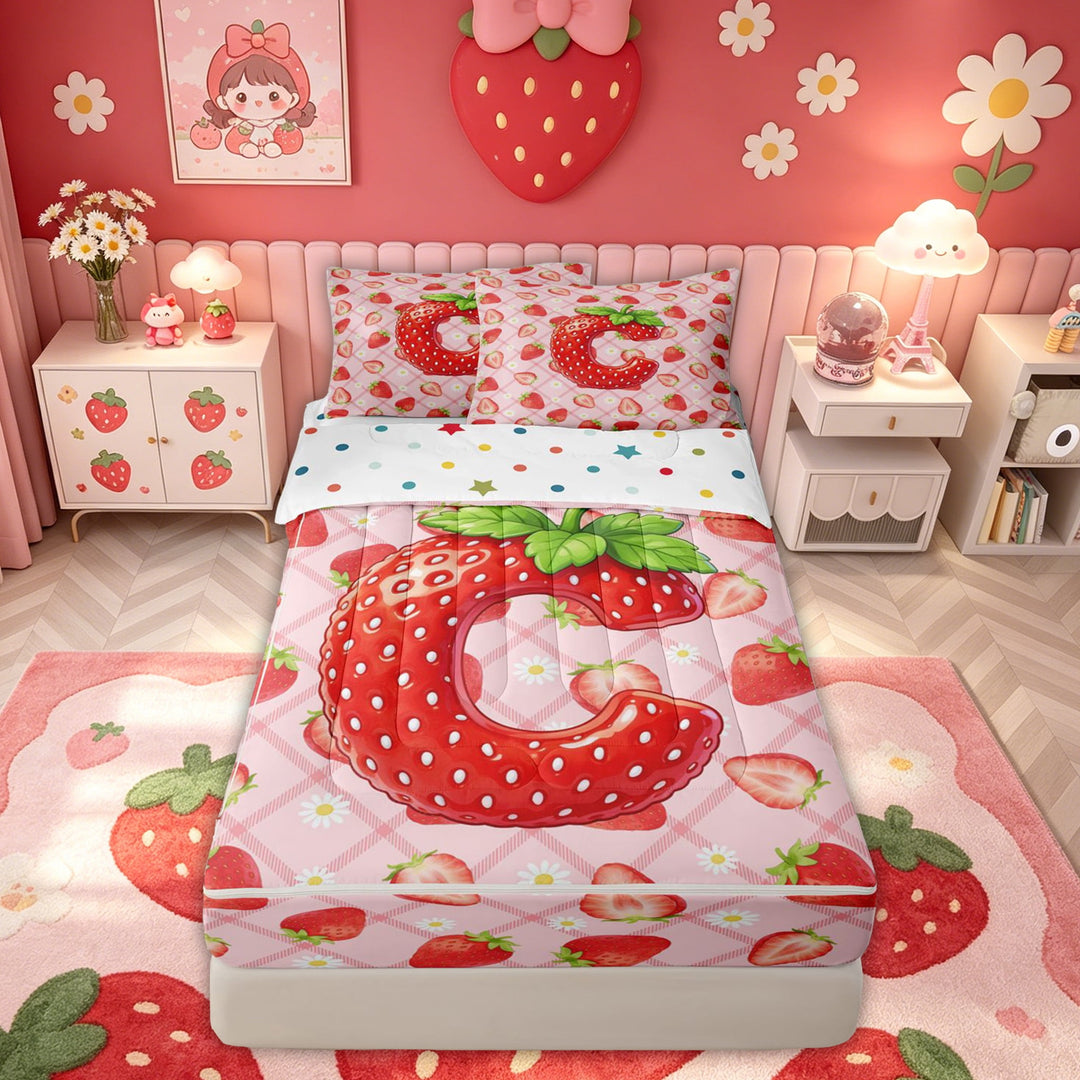 meiyoeat Strawberry Letter C Zipper Twin Comforter Sets with Fitted Sheet and 2 Pillowcases for Kids, Princess Buffalo Zipper Bedding Set for Bedroom, Pink, Polkadot Reversible, 4 Pieces