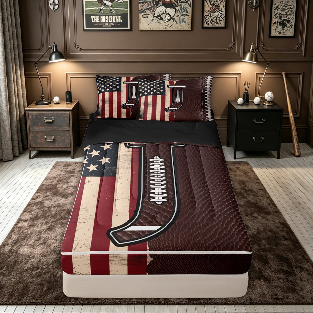 meiyoeat Football Rugby Zipper Full Size Comforter Sets with Fitted Sheet and 2 Pillowcases for Men, Cartoon Letter J Zipper Bedding Set for Man, Brown Red, Black Reversible, 4 Pieces