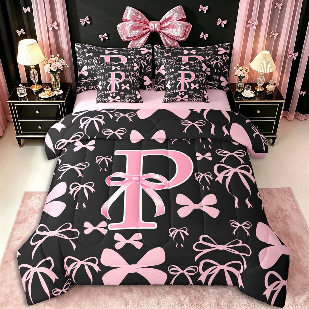Erosebridal Kawaii Bowtie Letter P Monogrammed Twin Bedding Sets 7-Piece,Dreamy Princess Bow Bedding Comforter Set,Pink Reversible,Super Cozy Room Decor