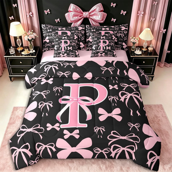 Erosebridal Kawaii Bowtie Letter P Monogrammed Twin Bedding Sets 7-Piece,Dreamy Princess Bow Bedding Comforter Set,Pink Reversible,Super Cozy Room Decor