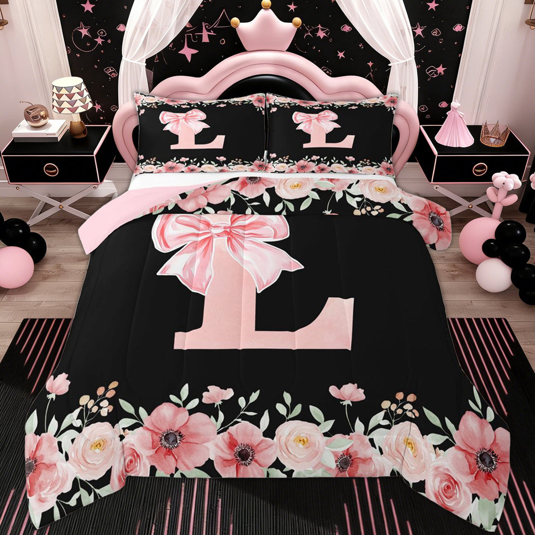 Erosebridal Letter L Full Size Comforter Sets for Girl, Cherry Blossoms Bedding Sets, Black Pink, 3pcs
