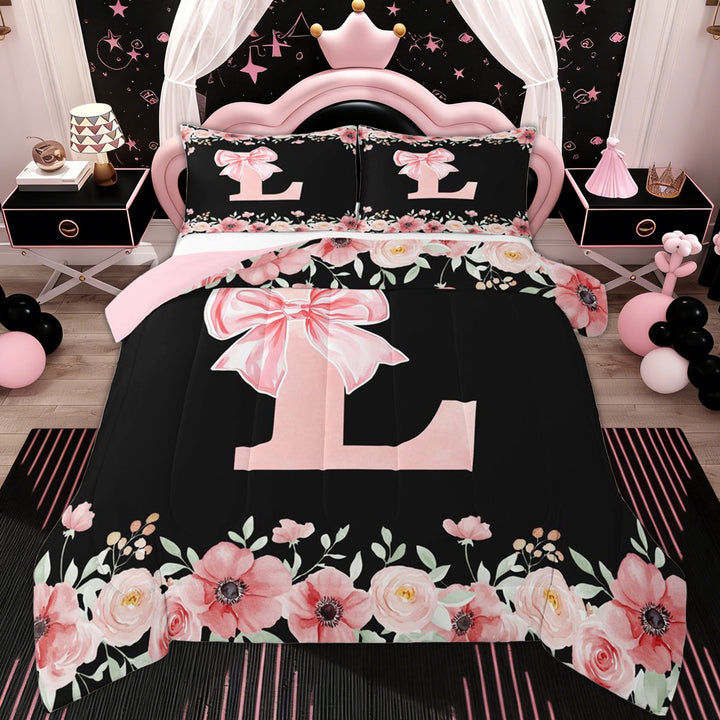 Erosebridal Letter L Full Size Comforter Sets for Girl, Cherry Blossoms Bedding Sets, Black Pink, 3pcs