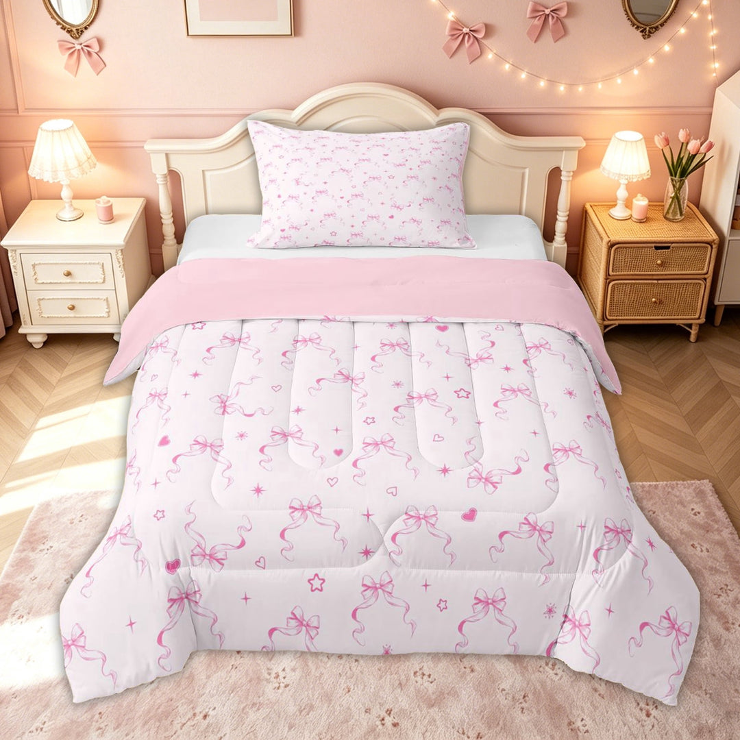 meiyoeat Kawaii Princess Bow Full Size Comforter Sets for Kids Girls, Pink Love Hearts Stars Bedding Comforter Set for Bedroom, Pink Reversible, 3 Pieces