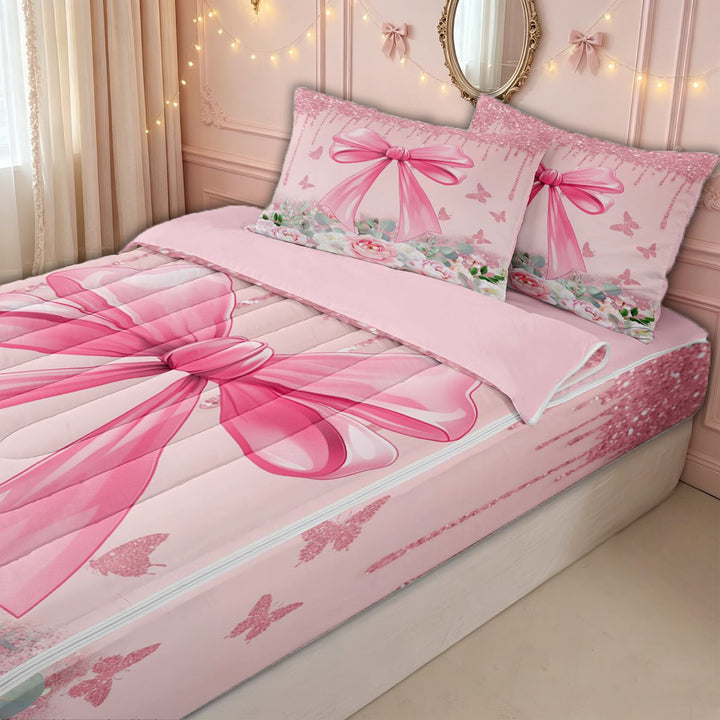 meiyoeat Romantic Bow Zipper Full Size Comforter Sets with Fitted Sheet and 2 Pillowcases for Women, Floral Glitter Zipper Bedding Set for Bedroom, Pink, Pink ReversibleG