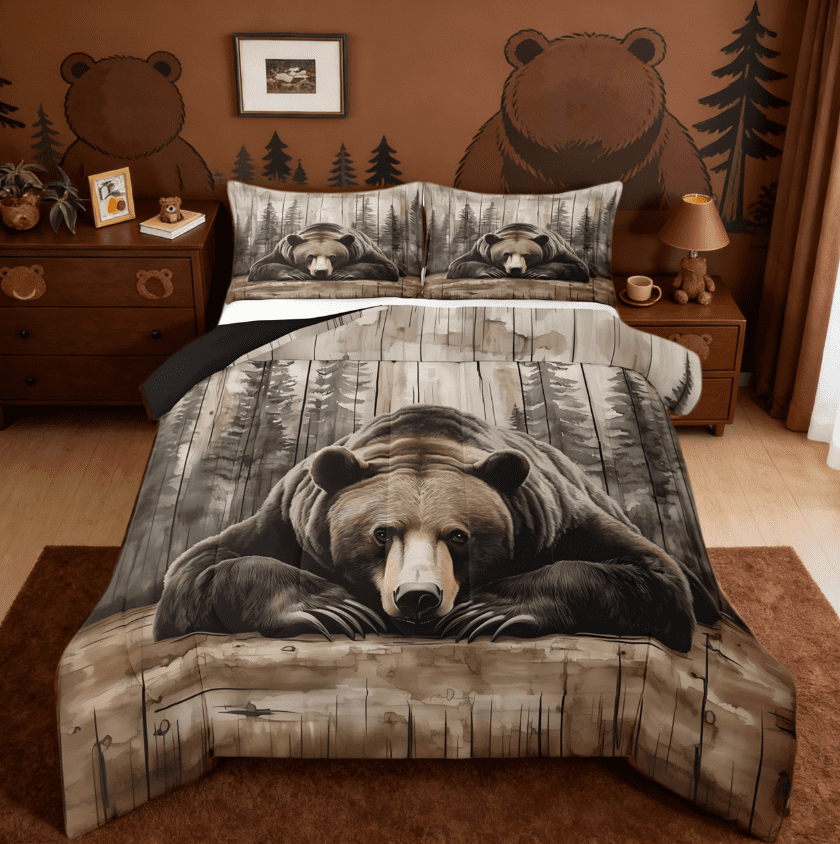 Manfei Wildlife Grizzly Bear Full Size Comforter Sets,Hunting Wild Animal Rustic Farmhouse Cabin Bedding Sets For Boys Reversible 3-Piece