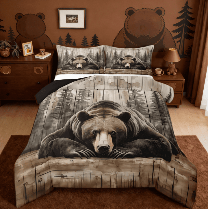 Manfei Wildlife Grizzly Bear Full Size Comforter Sets,Hunting Wild Animal Rustic Farmhouse Cabin Bedding Sets For Boys Reversible 3-Piece