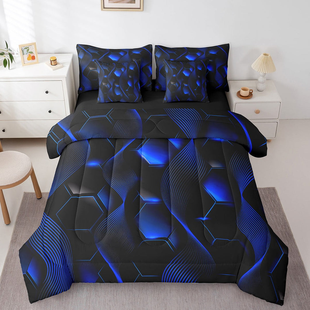 Royal Blue Honeycomb Bed in a Bag Twin Comforter Set 7 Piece,Geometric Striped Hexagonal Bedding Sets Neon Lights Hexagon Ombre Reversible Sheet Set with Comforter