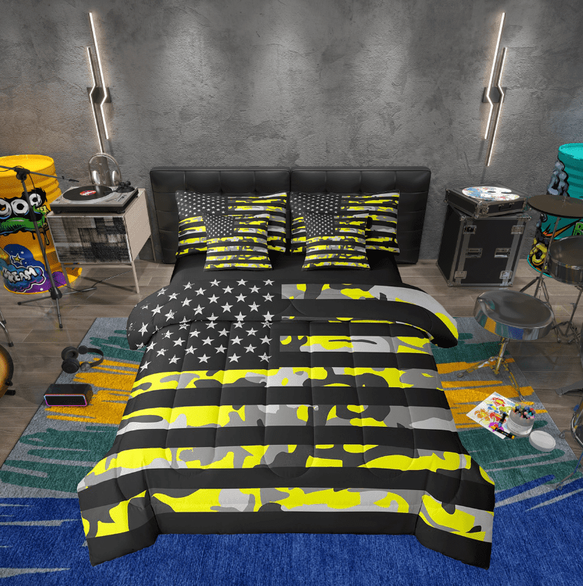 Erosebridal Yellow Camo Bedding Sets Twin Size, Vintage US Flag Comforter Sets with Sheets, Army Camouflage Decor, Reversible 7-Piece