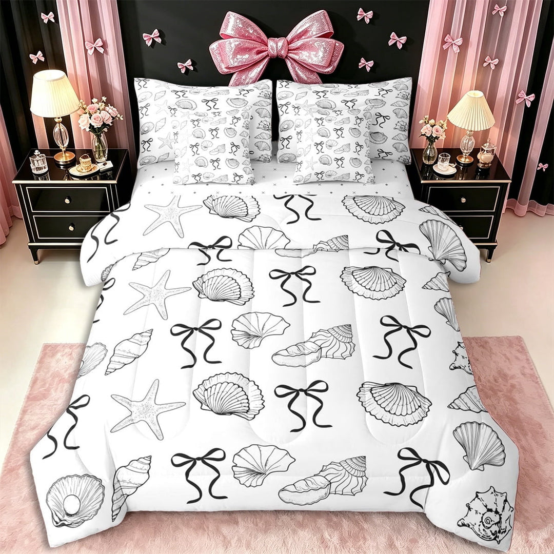 Erosebridal Teens Princess Ribbon Bowtie Twin Bedding Sets 7-Piece,Girls Sea Starfish Seashell Bedding Comforter Set,Microfiber Bedroom Decor