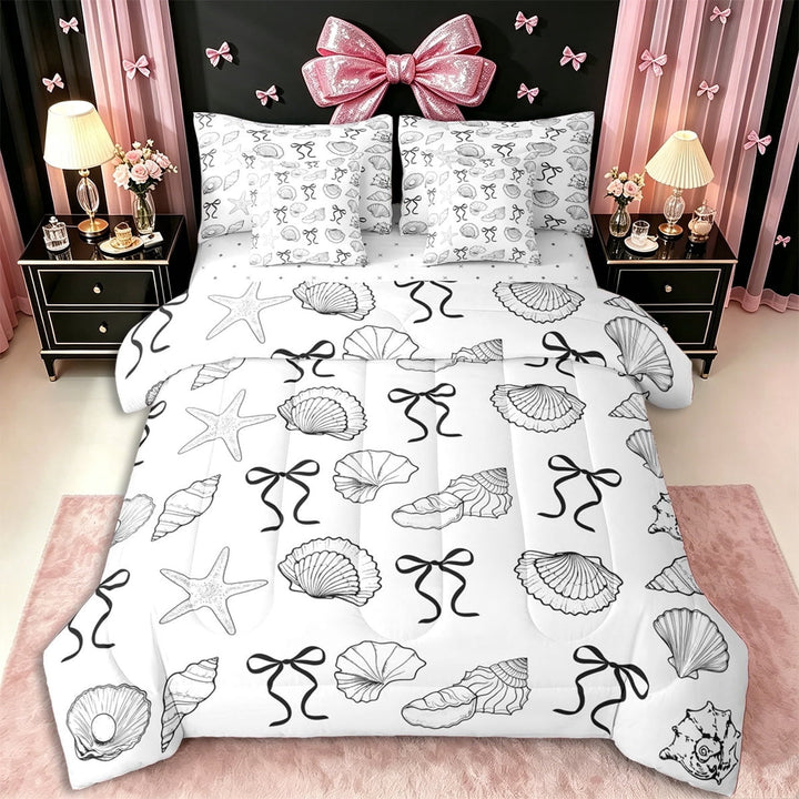 Erosebridal Teens Princess Ribbon Bowtie Twin Bedding Sets 7-Piece,Girls Sea Starfish Seashell Bedding Comforter Set,Microfiber Bedroom Decor