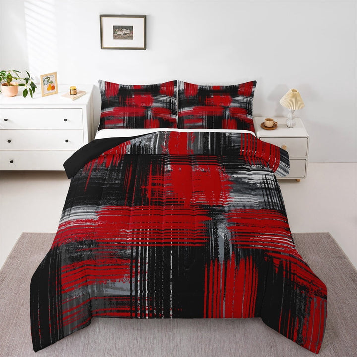 Red Black and Grey Comforter Geometric Artistic Smear Comforter Set Abstract Graffiti Art Bedding Set Contemporary Modern Brush Design Duvet Set Room Decor Quilt Set King Size