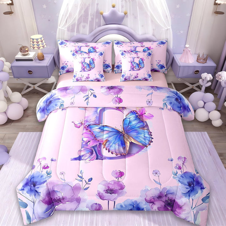 Erosebridal Letter D Bed in a Bag Twin Size,Watercolor Butterfly Bed Set,Tir-Dye Floral Bedding Twin Size For Girls Kids,Ultra Soft Bedroom Decorative Reversible,7 Pieces