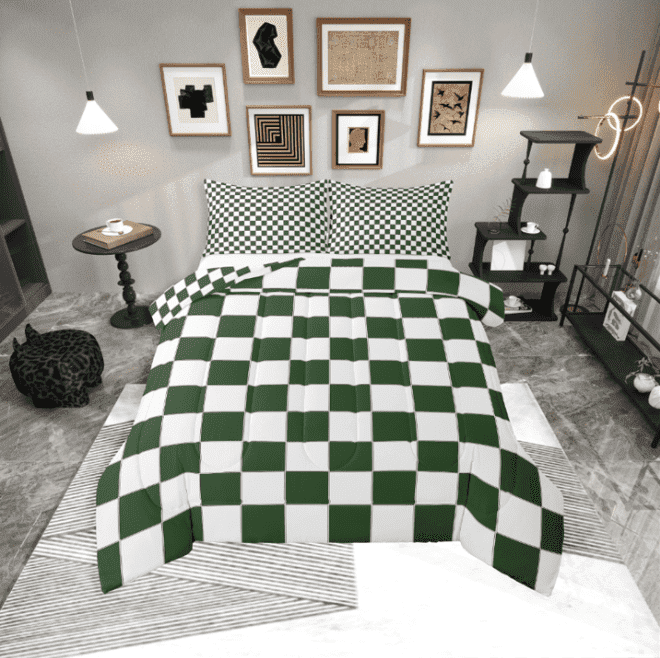 Erosebridal Olive Checkered Bedding Set White Dark Green Buffalo Plaid Grid Comforter Set Twin,Checkerboard Quilt Set Aesthetics Gingham Duvet Set Modern Room Decor