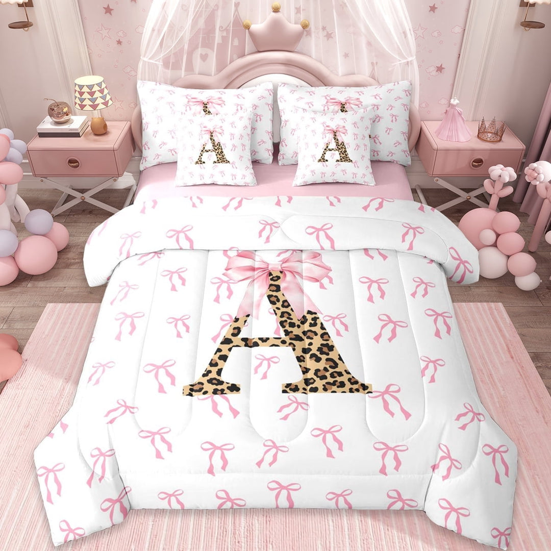 Erosebridal Cute Coquette Bowknot 7-Piece Twin Bedding Sets,Leopard Print A Alphabet Bedding Comforter Set For Bowtie Lovers,Reversible
